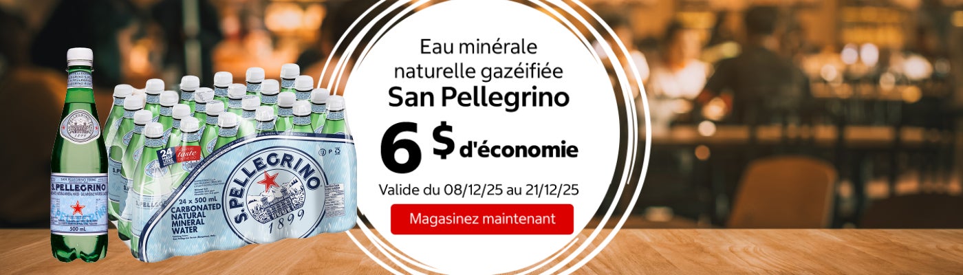 Eau minérale naturelle gazéifiée San Pellegrino 6 $ d'économie. Valide du 08/12/25 au 21/12/25. Magasinez maintenant.