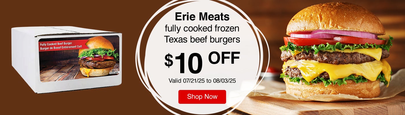 Erie Meats fully cooked frozen Texas beef burgers. $10 OFF.  Valid 07/21/25 to 08/03/25. Shop Now.