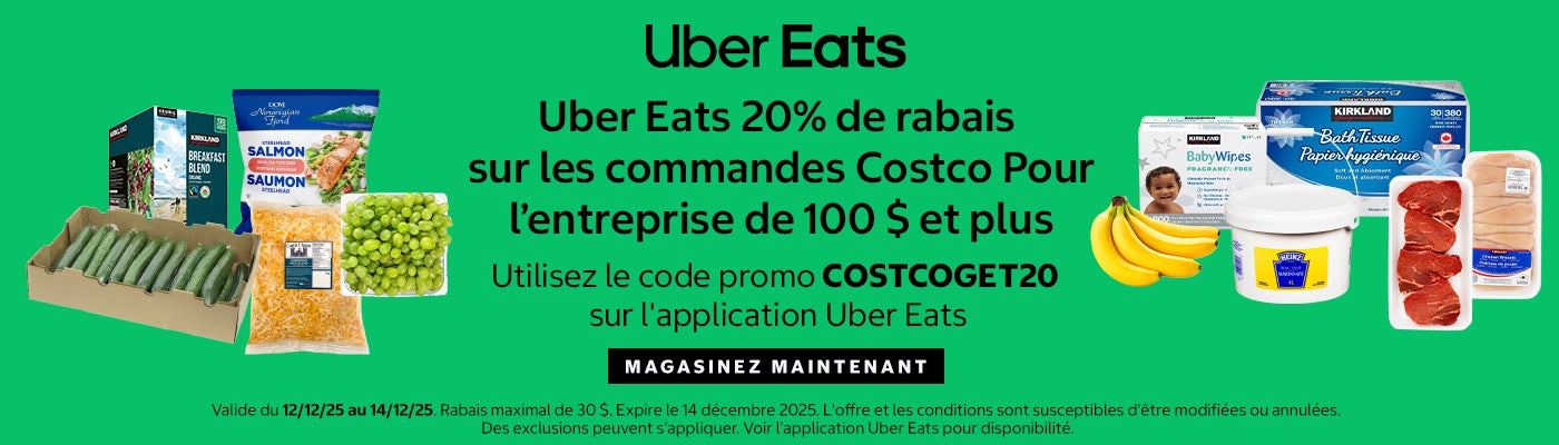 ubereats. 20% de rebais sur les commandes Costco pour ;'enterprise de 100 $ et plus. magasinez maintenant