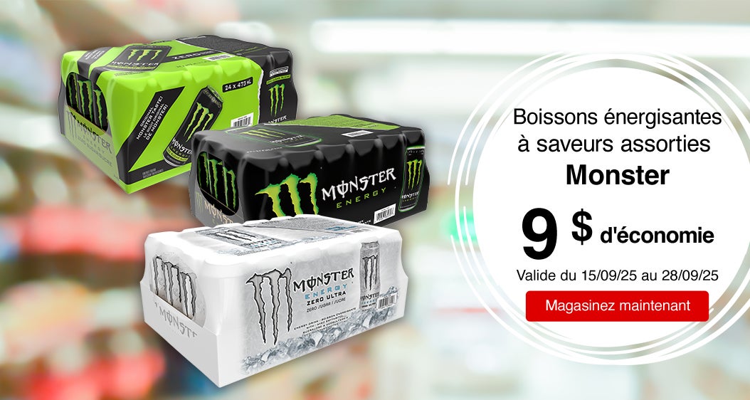 Boissons énergisantes à saveurs assorties Monster 9  $ d'économie. Valide du 15/09/25 au 28/09/25. Magasinez maintenant. 