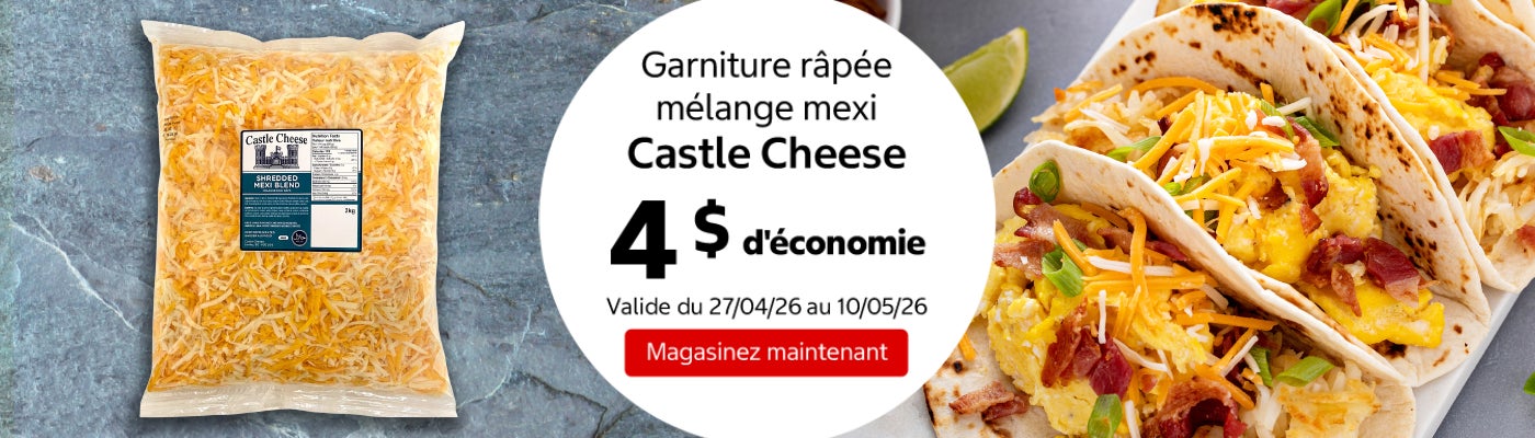 Garniture râpée mélange mexi Castle Cheese 4 $ d'économie. Valide du 27/04/26 au 10/05/26. Magasinez maintenant.