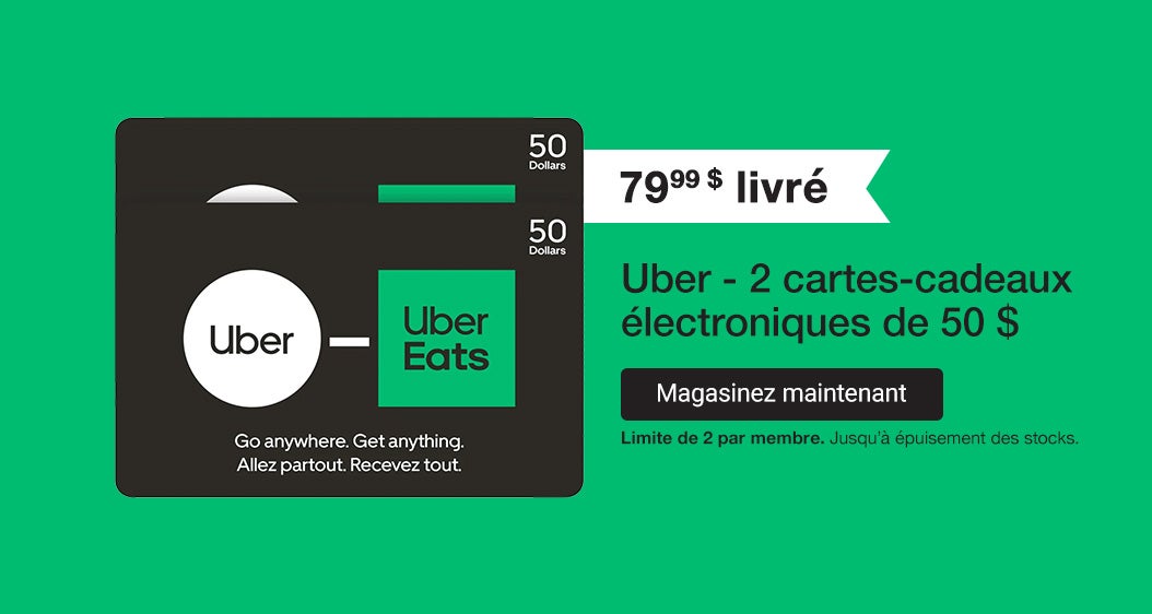Uber – 2 cartes-cadeaux électroniques de 50 $ 79,99 $ livré. Magasinez maintenant. Limite de 2 par membre. Jusqu’à épuisement des stocks.