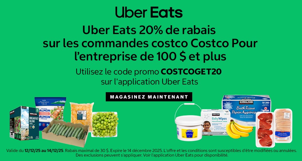 ubereats. 20% de rebais sur les commandes Costco pour ;'enterprise de 100 $ et plus. magasinez maintenant