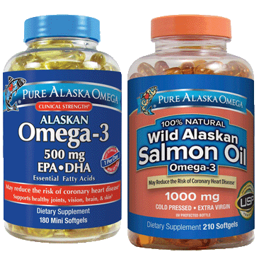 Pure Alaska Omega-3 500 mg EPA+DHA Mini Softgels or Wild Salmon Oil 1000 mg Softgels