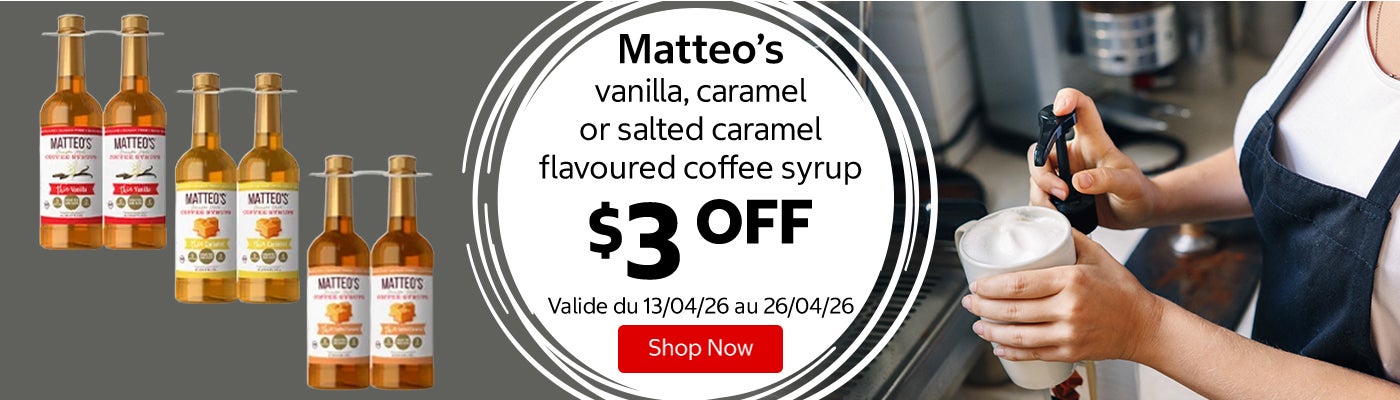 Matteo’s vanilla, caramel or salted caramel flavoured coffee syrup $3 Off. Valid 04/13/26 to 04/26/26. Shop Now 