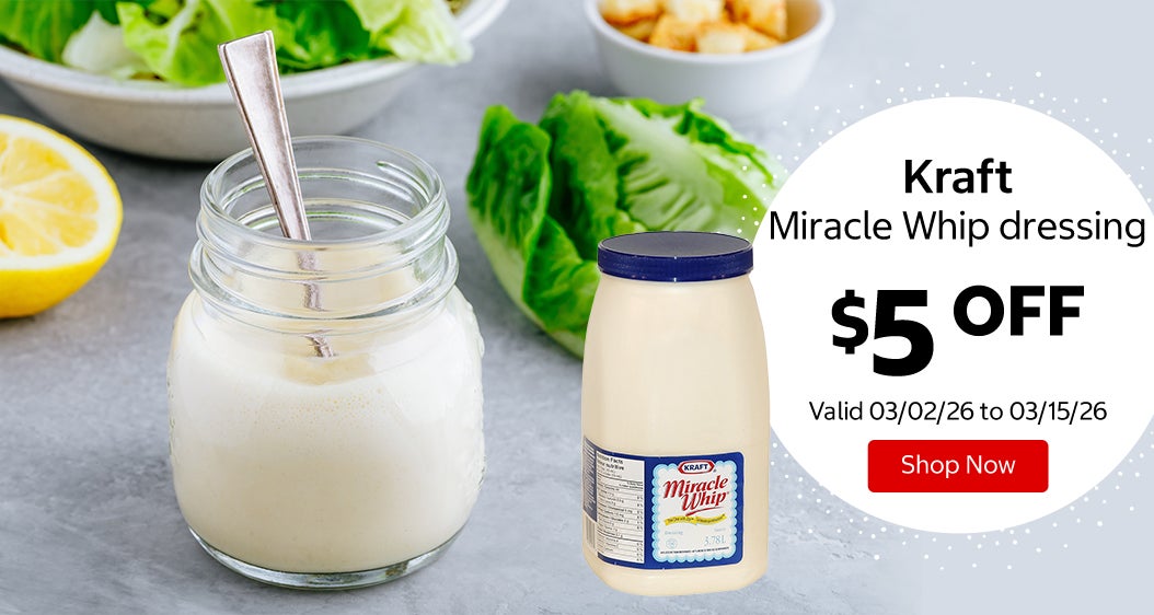 Kraft Miracle Whip dressing $5 Off. Valid 03/02/26 to 03/15/26. Shop Now 