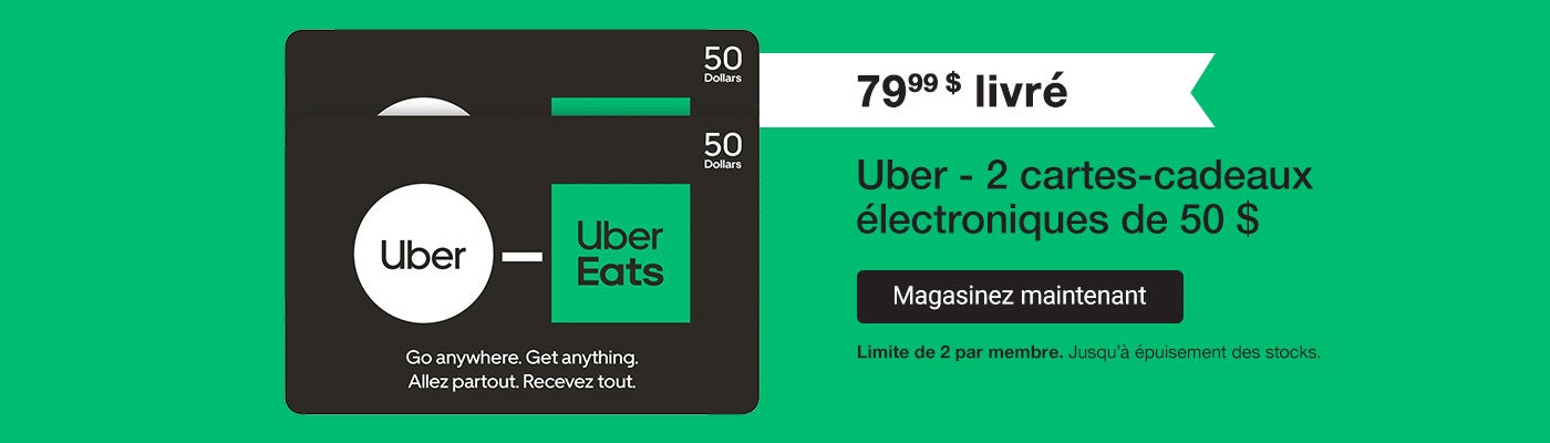 Uber – 2 cartes-cadeaux électroniques de 50 $ 79,99 $ livré. Magasinez maintenant. Limite de 2 par membre. Jusqu’à épuisement des stocks.