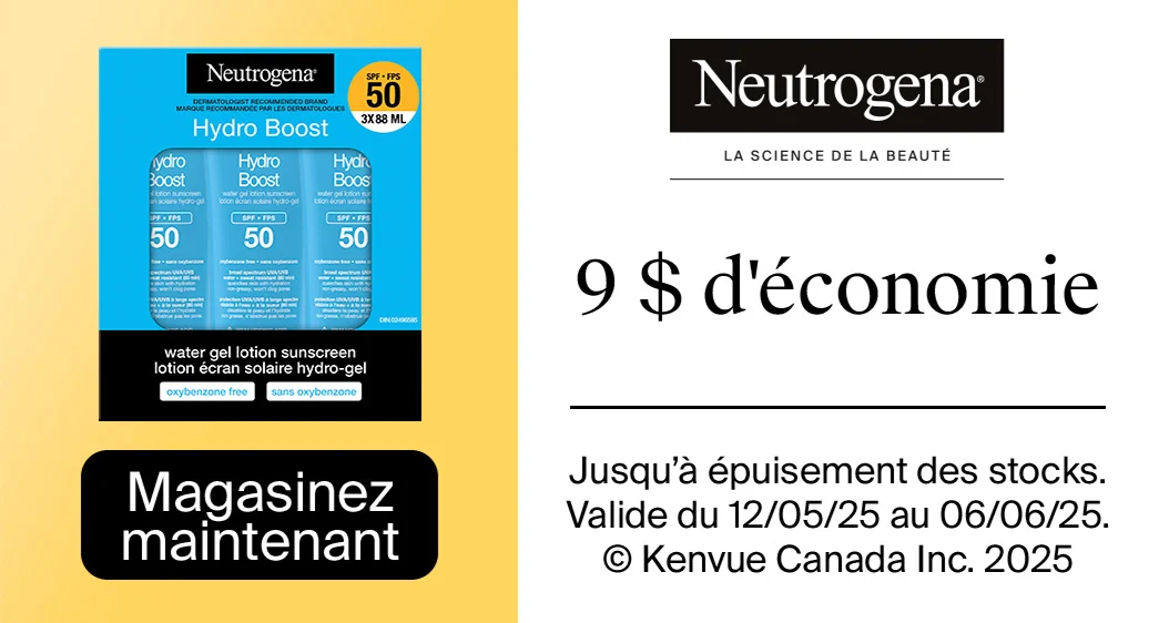 Neutrogena. 9 $ d'économie. Neutrogena Hydro Boost Lotion écran solaire hydro-gel PFS 50, 3 x 88 mL. Magasinez maintenant. Valide du 12/05/2025 au 06/06/2025. Jusqu'à épuisement des stocks.