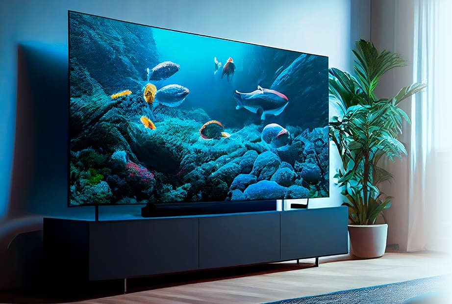 Large smart TV with an underwater scene of brilliantly coloured fish on the screen.