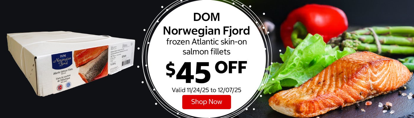 DOM Norwegian Fjord frozen Atlantic skin-on salmon fillets $45 Off. Valid 11/24/25 to 12/07/25. Shop Now 