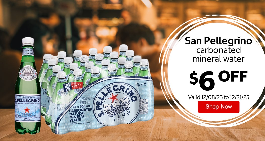 San Pellegrino carbonated mineral water $6 Off. Valid 12/08/25 to 12/21/25. Shop Now 