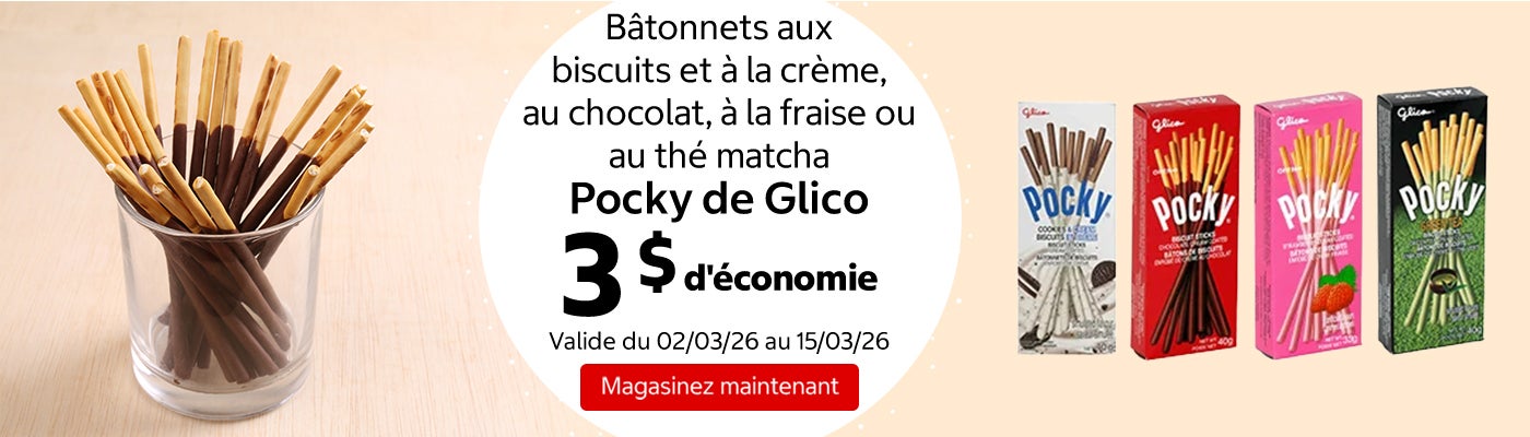 Bâtonnets aux biscuits et à la crème, au chocolat, à la fraise ou au thé matcha Pocky de Glico 3 $ d'économie. Valide du 02/03/26 au 15/03/26. Magasinez maintenant.