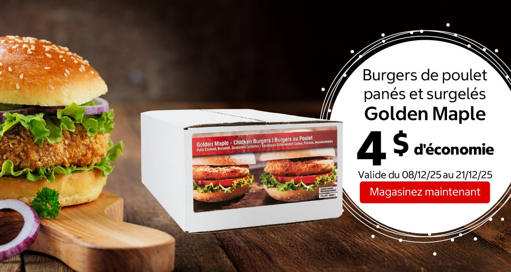 Burgers de poulet panés et surgelés Golden Maple 4 $ d'économie. Valide du 08/12/25 au 21/12/25. Magasinez maintenant.