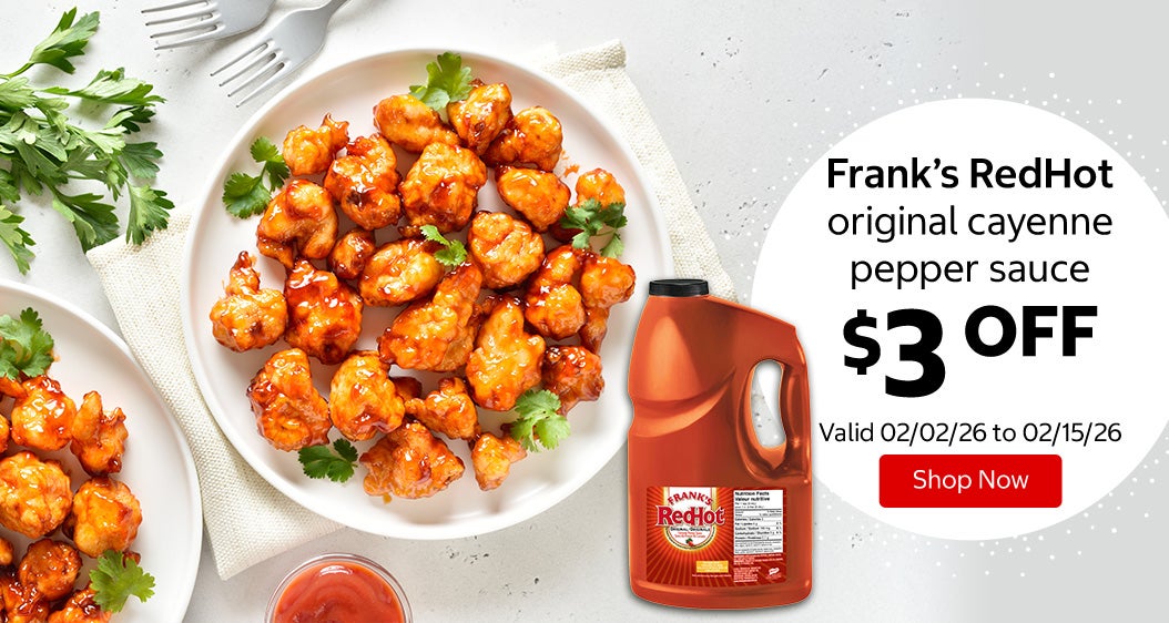 Frank’s RedHot original cayenne pepper sauce $3 Off. Valid 02/02/26 to 02/15/26. Shop Now 