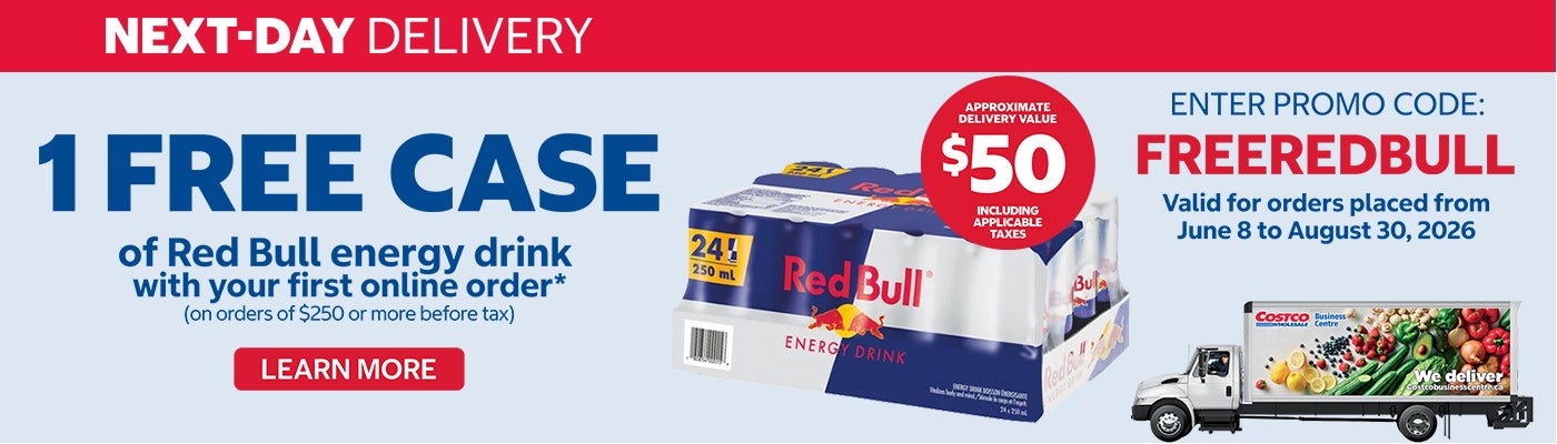 NEXT-DAY DELIVERY 1 FREE CASE of Red Bull energy drink with your first online delivery order* (on orders of $250 or more before tax)  ENTER PROMO CODE: FREEREDBULL Valid from May 13 to July 7, 2024 $50 Approx. Delivery Value Including Applicable Taxes. LEARN MORE