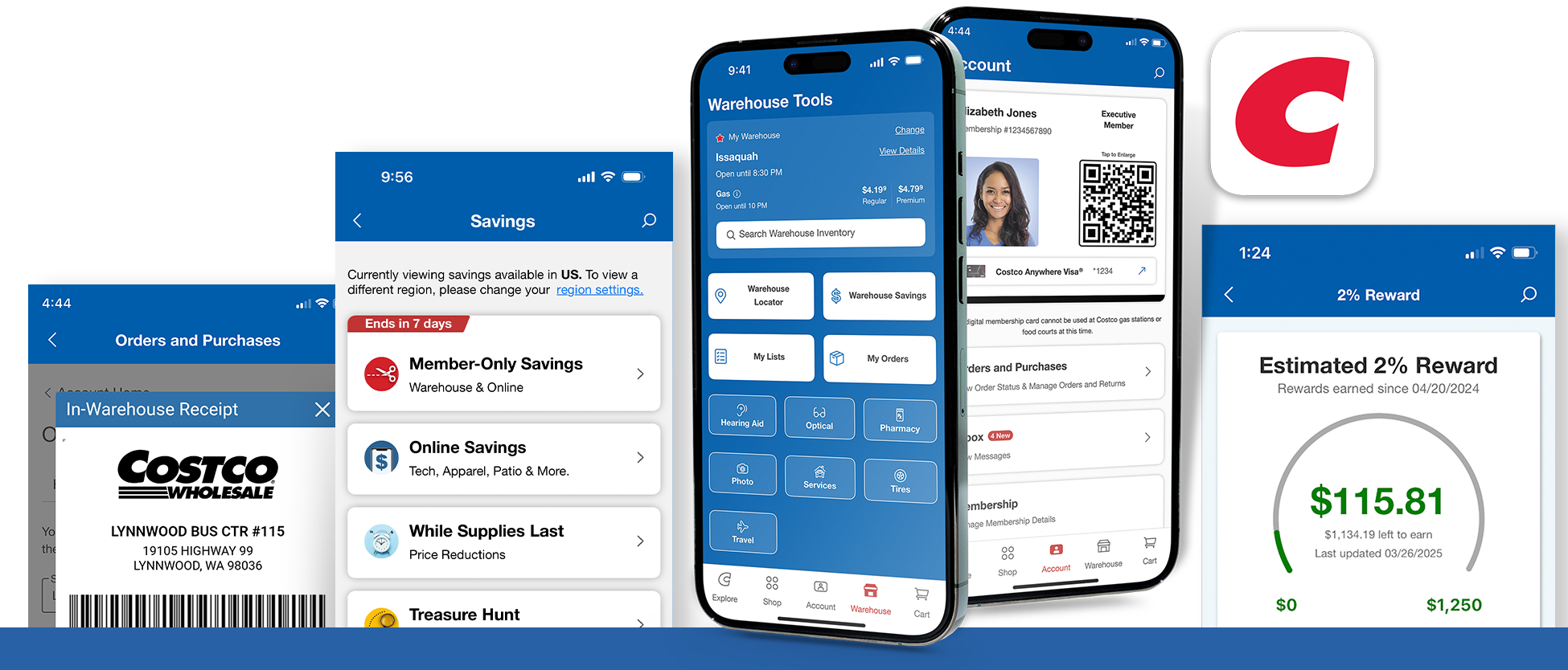 Costco app can be used to find warehouses, look up availability of items in your warehouse or other warehouses, see gas prices at warehouses, view speical event at warehouses, browse savings, as your membership card, view receipts, and see your 2% executive reward