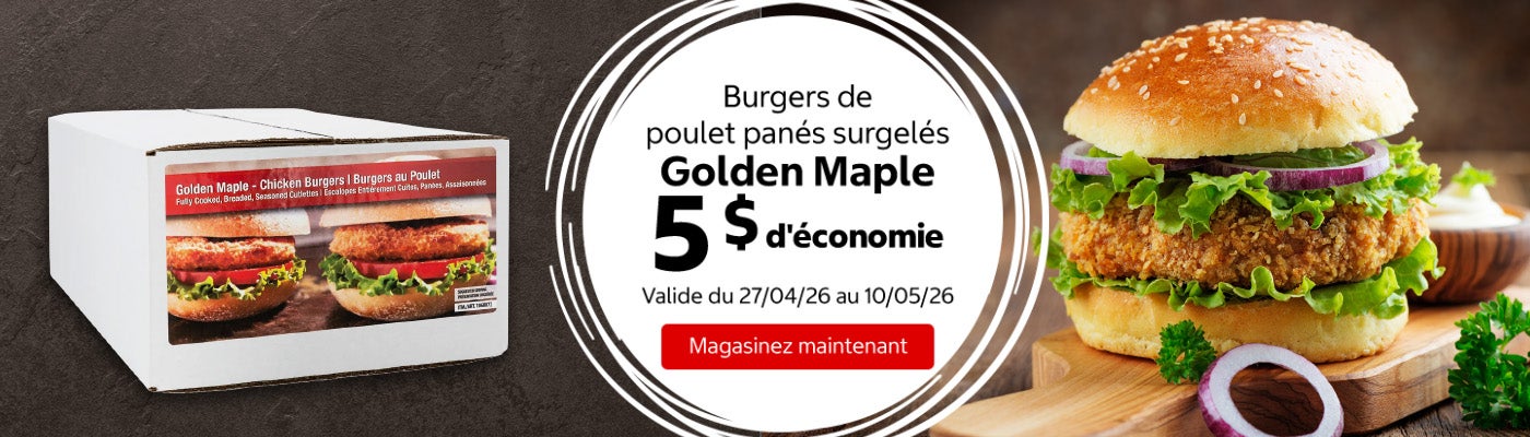 Burgers de poulet panés surgelés  Golden Maple 5 $ d'économie. Valide du 27/04/26 au 10/05/26. Magasinez maintenant.