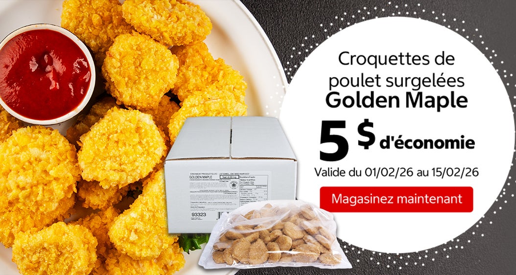 Croquettes de poulet surgelées Golden Maple 5 $ d'économie. Valide du 01/02/26 au 15/02/26. Magasinez maintenant.