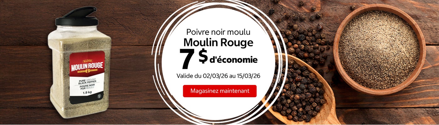 Poivre noir moulu Moulin Rouge 7 $ d'économie. Valide du 02/03/26 au 15/03/26. Magasinez maintenant.