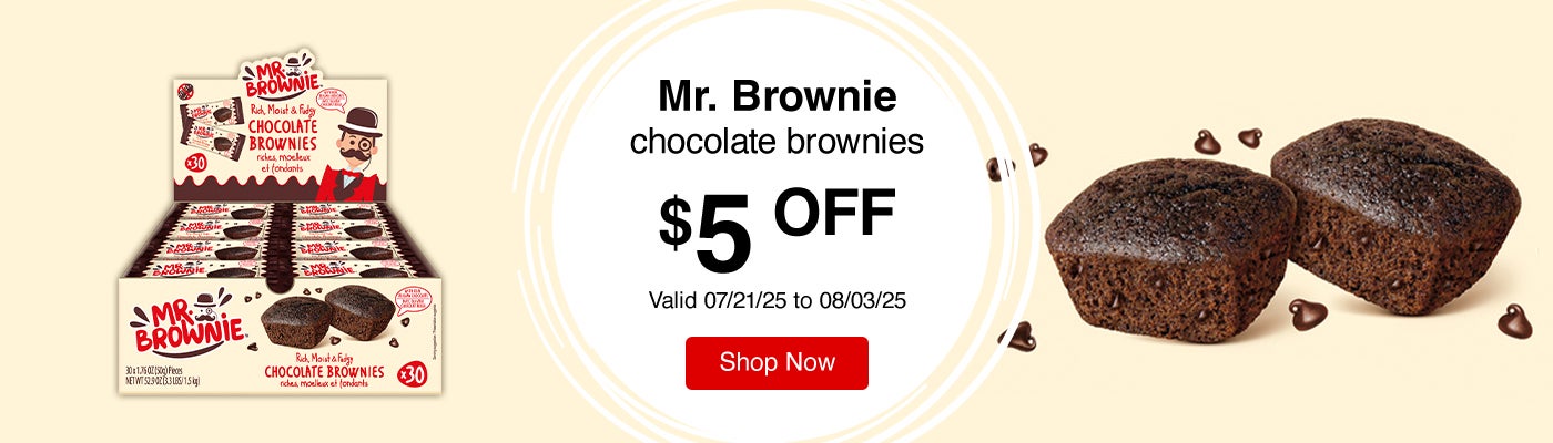 Mr. Brownie chocolate brownies $5 Off. Valid 07/21/25 to 08/03/25. Shop Now.