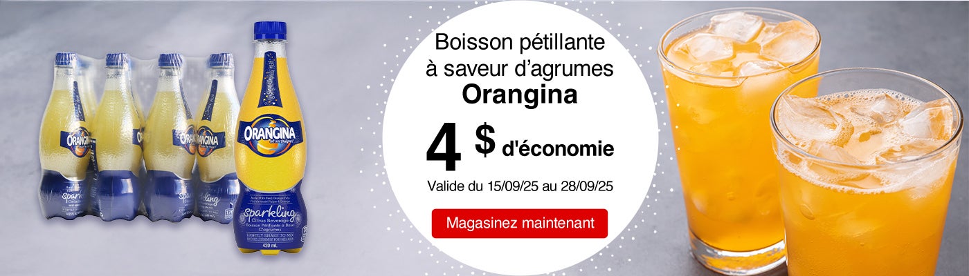 Boisson pétillante à saveur d’agrumes Orangina 4 $ d'économie. Valide du 15/09/25 au 28/09/25. Magasinez maintenant."