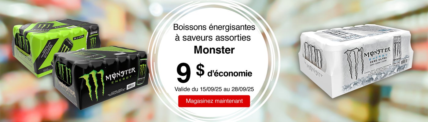 Boissons énergisantes à saveurs assorties Monster 9  $ d'économie. Valide du 15/09/25 au 28/09/25. Magasinez maintenant. 