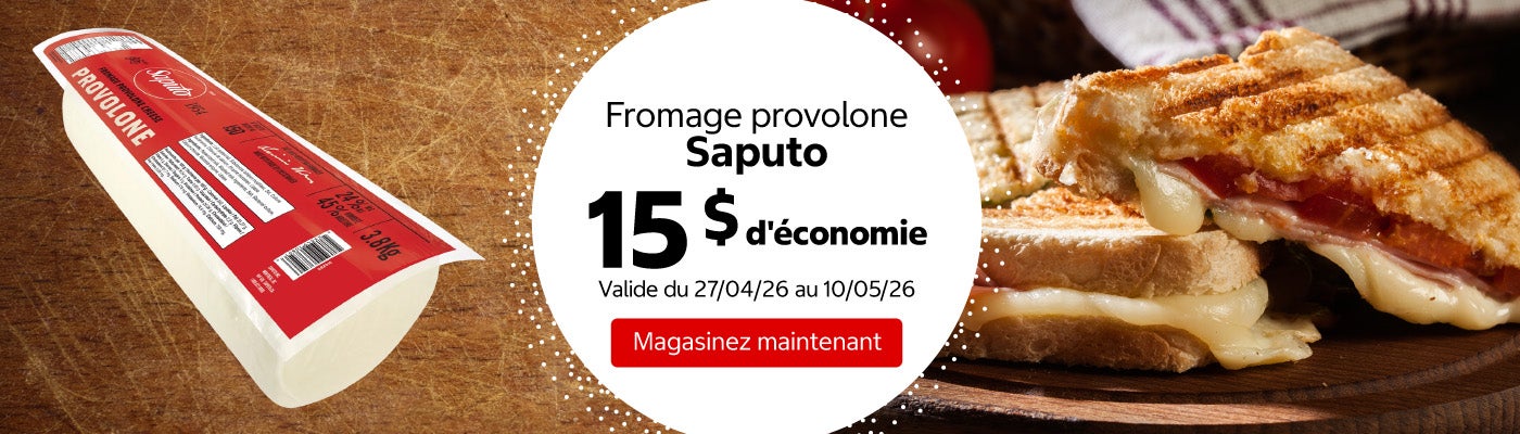 Fromage provolone Saputo 15 $ d'économie. Valide du 27/04/26 au 10/05/26. Magasinez maintenant.
