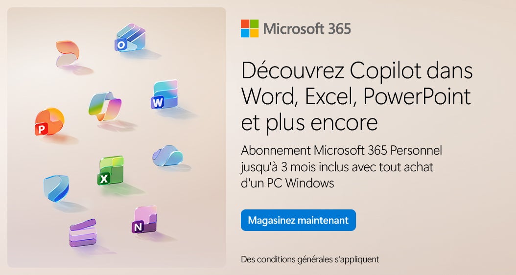Microsoft 365 Découvrez Copilot dans Word, Excel, PowerPoint et plus encore Abonnement Microsoft 365 Personnel jusqu'à 3 mois inclus avec tout achat d'un PC Windows Magasinez maintenant Des conditions générales s'appliquent