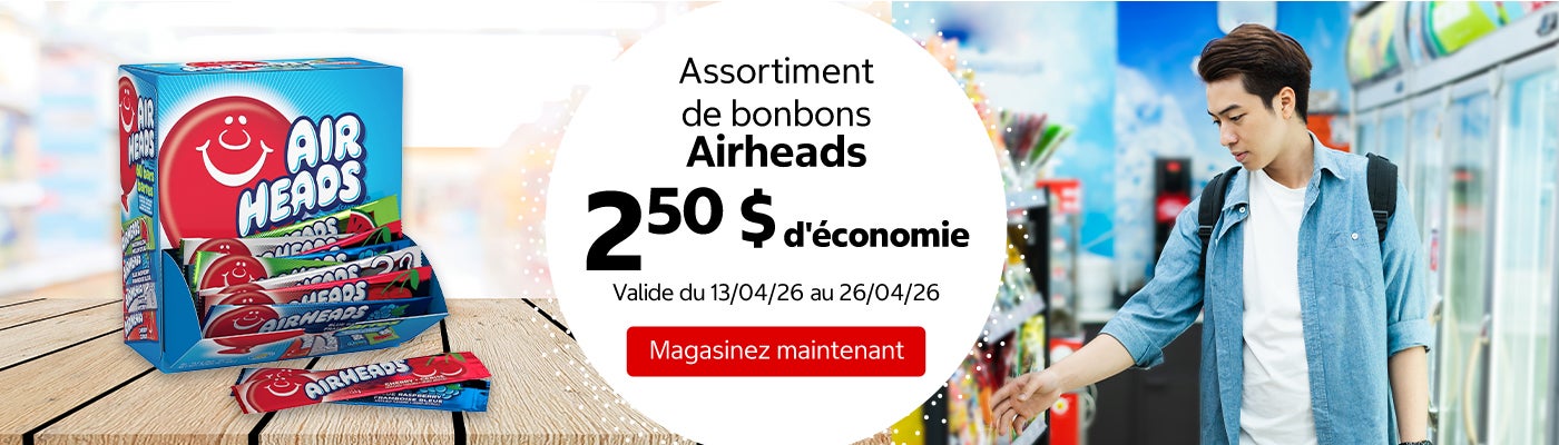 Assortiment de bonbons Airheads 2,50 $ d'économie. Valide du 13/04/26 au 26/04/26. Magasinez maintenant.