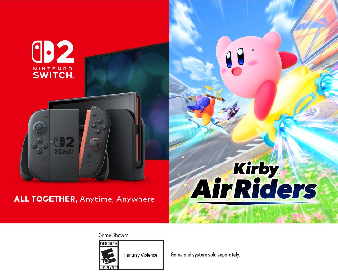 Nintendo Switch 2 All Together, Anytime, Anywhere. Kirby Air Riders Nintendo Switch 2 Edition. Rated E for Everyone