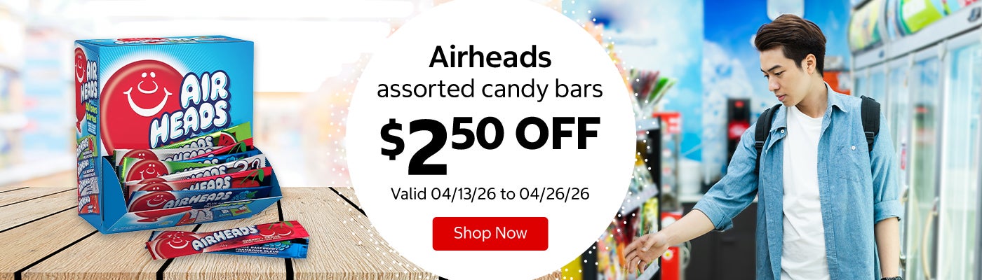 Airheads assorted candy bars $2.50 Off. Valid 04/13/26 to 04/26/26. Shop Now 