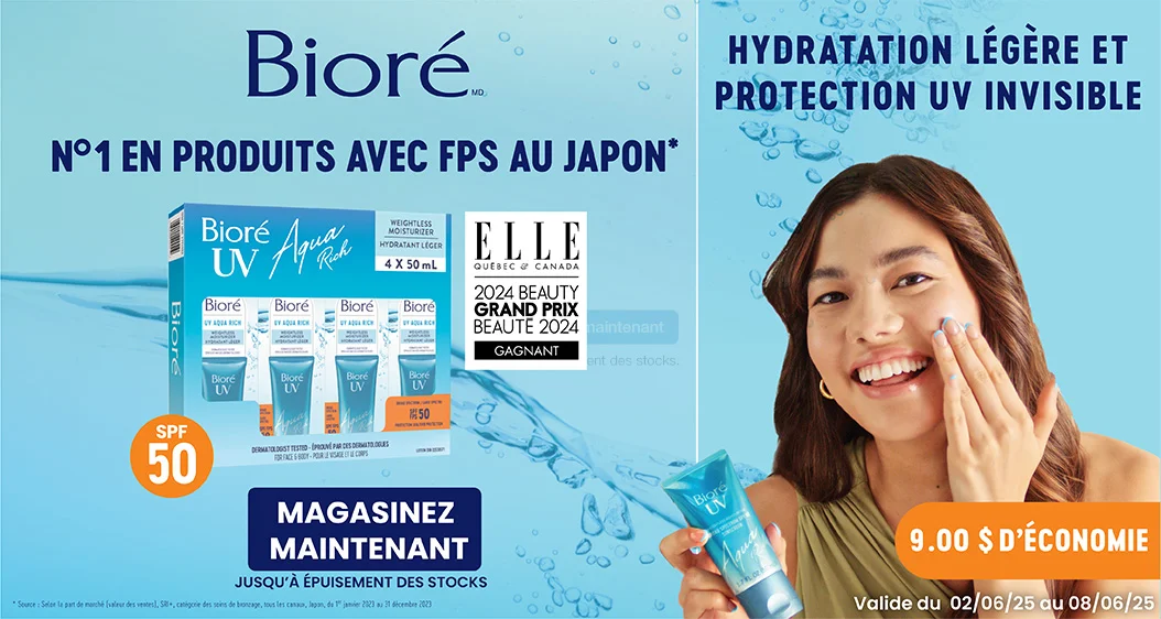9 $ d'économie. Bioré n 1 en produits avec fps au japon.* Hydratation légère et protection UV invinsible. Jusqu’à épuisement des stocks. Magasinez maintenant. Valide du 02/06/25 au 08/06/25.