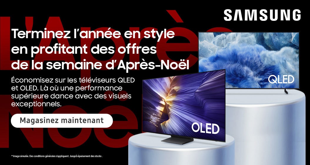 Terminez l'annee en style en profitant des offres de la semaine d'Après-Noël. Économisez sur les téléviseurs QLED et OLED. Là où une performance supérieure dance avec des visuels exceptionnels. Magasinez maintenant. *Image simulée. Des conditions générales s'appliquent. Jusqu'à épuisement des stocks.