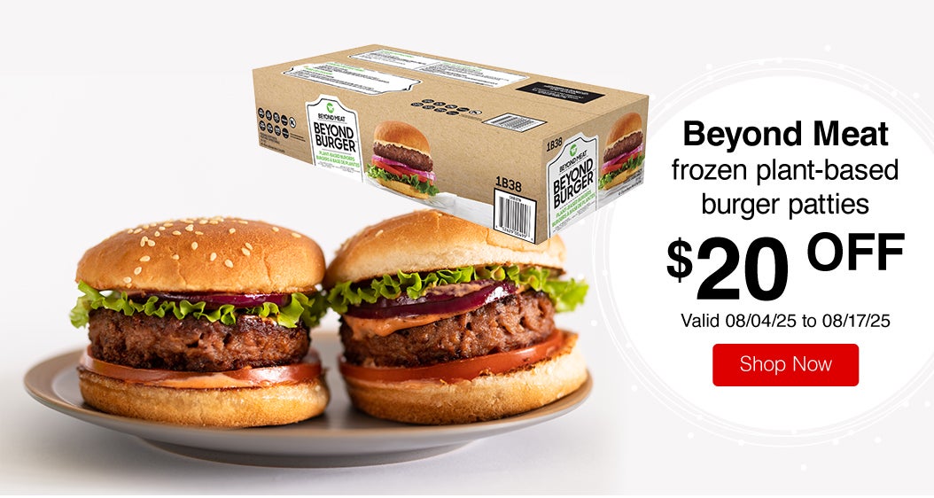 Beyond Meat frozen plant-based burger patties $20 Off. Valid 08/04/25 to 08/17/25. Shop Now.