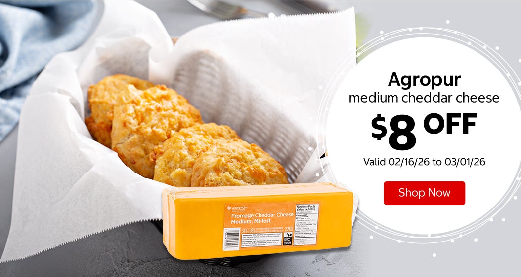 Agropur medium cheddar cheese $8 Off. Valid 02/16/26 to 03/01/26. Shop Now 