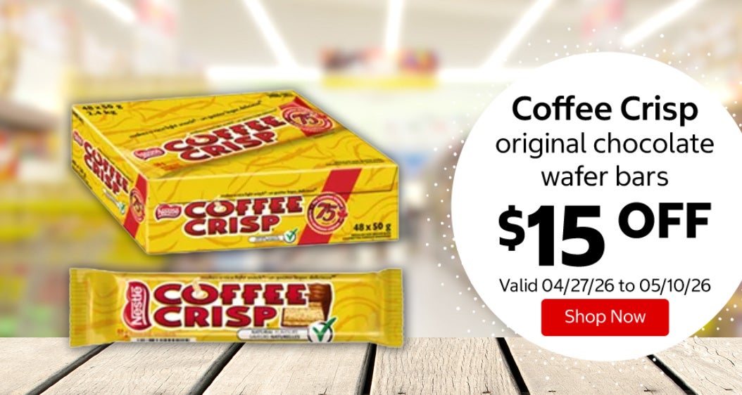 Coffee Crisp original chocolate wafer bars $15 Off. Valid 04/27/26 to 05/10/26. Shop Now 