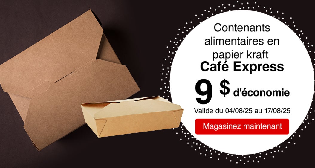 Contenants alimentaires en papier kraft Café Express 9 $ d'économie. Valide du 04/08/25 au 17/08/25. Magasinez maintenant.