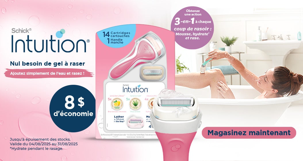 Schick Intuition. 8$ d'économie. Nul besoin de gel à raser. Ajoutez simplement de l'eau et rasez ! Obtenez une action 3-en-1 à chaque coup de rasoir : Mousse, hydrate* et rase. *Hydrate pendant le rasage. Jusqu'à épuisement des stocks. Valide du 04/08/2025 au 31/08/2025. Magasinez maintenant.