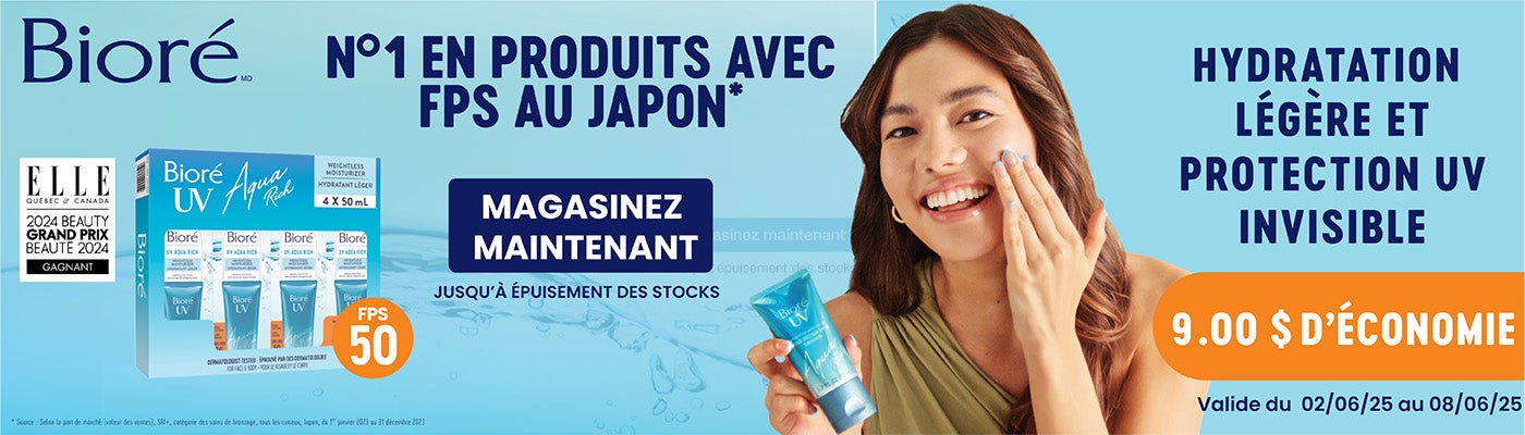 9 $ d'économie. Bioré n 1 en produits avec fps au japon.* Hydratation légère et protection UV invinsible. Jusqu’à épuisement des stocks. Magasinez maintenant. Valide du 02/06/25 au 08/06/25.