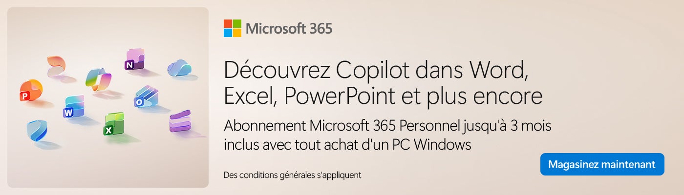 Microsoft 365 Découvrez Copilot dans Word, Excel, PowerPoint et plus encore Abonnement Microsoft 365 Personnel jusqu'à 3 mois inclus avec tout achat d'un PC Windows Magasinez maintenant Des conditions générales s'appliquent