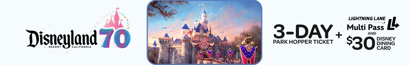 Disneyland 3-day park hopper ticket + lightning lane multipass and $30 Disney dining card