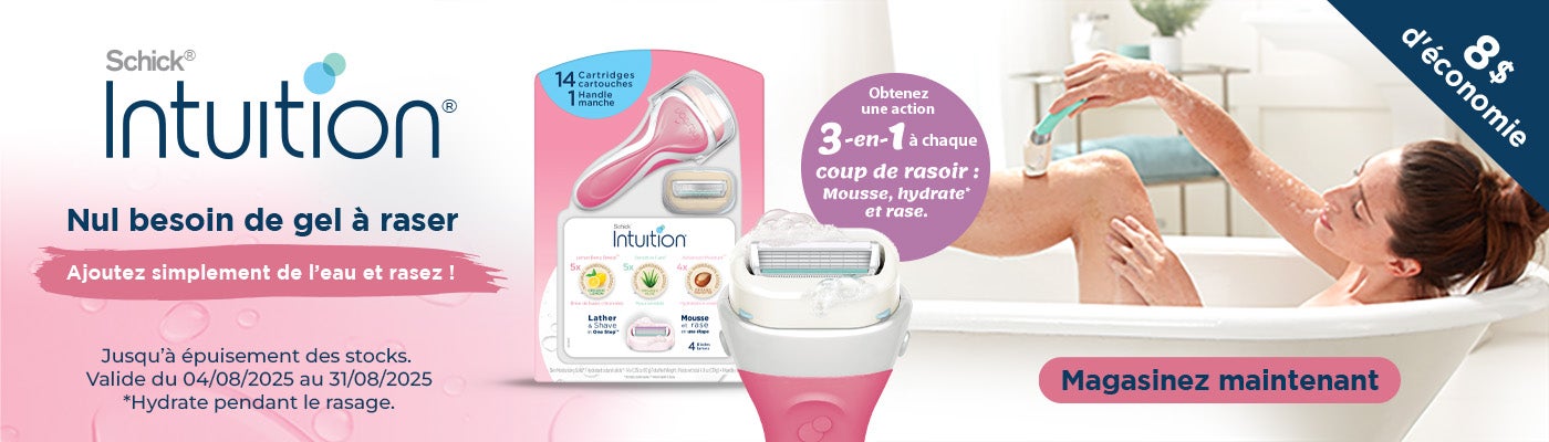 Schick Intuition. 8$ d'économie. Nul besoin de gel à raser. Ajoutez simplement de l'eau et rasez ! Obtenez une action 3-en-1 à chaque coup de rasoir : Mousse, hydrate* et rase. *Hydrate pendant le rasage. Jusqu'à épuisement des stocks. Valide du 04/08/2025 au 31/08/2025. Magasinez maintenant.