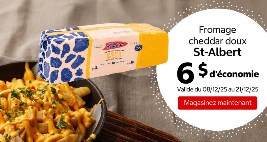 Fromage cheddar doux St-Albert 6 $ d'économie. Valide du 08/12/25 au 21/12/25. Magasinez maintenant.