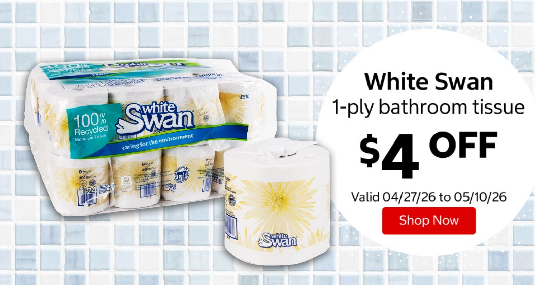 White Swan 1-ply bathroom tissue $4 Off. Valid 04/27/26 to 05/10/26. Shop Now 