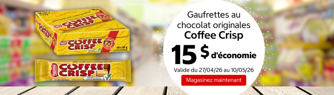 Gaufrettes au chocolat originales Coffee Crisp 15 $ d'économie. Valide du 27/04/26 au 10/05/26. Magasinez maintenant.
