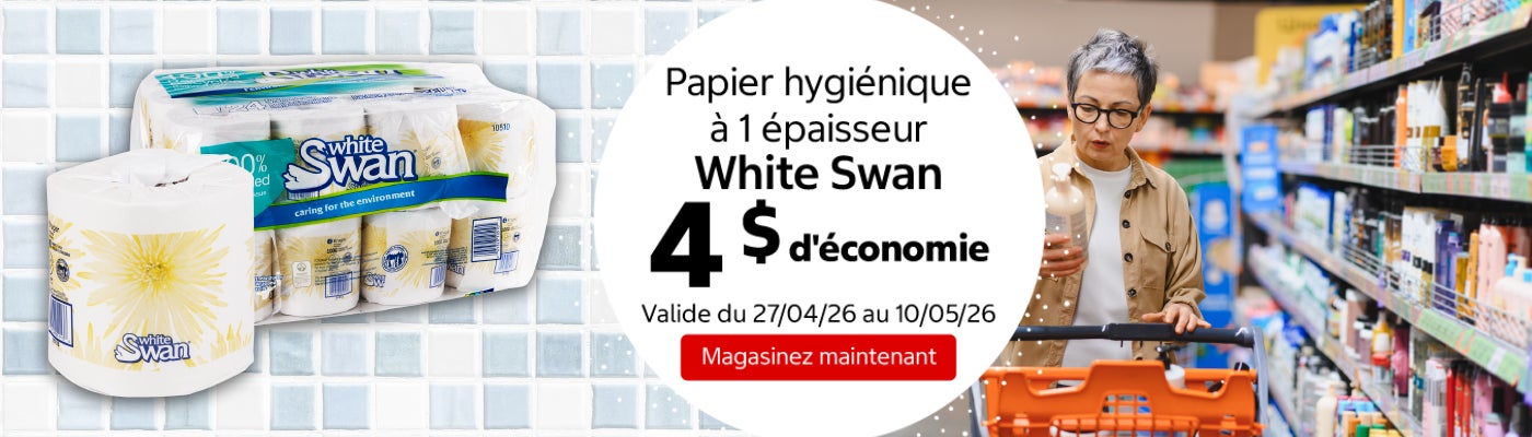 Papier hygiénique à 1 épaisseur White Swan 4 $ d'économie. Valide du 27/04/26 au 10/05/26. Magasinez maintenant.