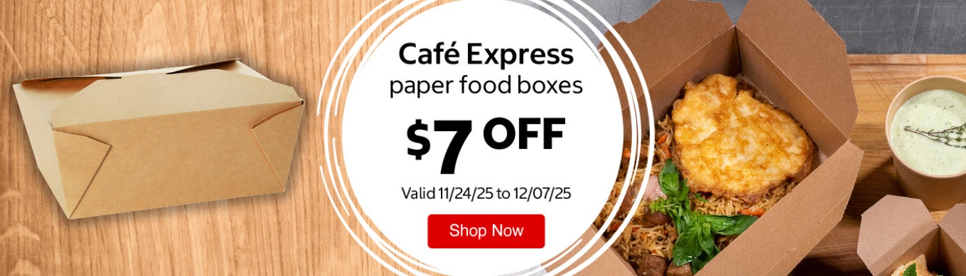 Café Express paper food boxes $7 Off. Valid 11/24/25 to 12/07/25. Shop Now 