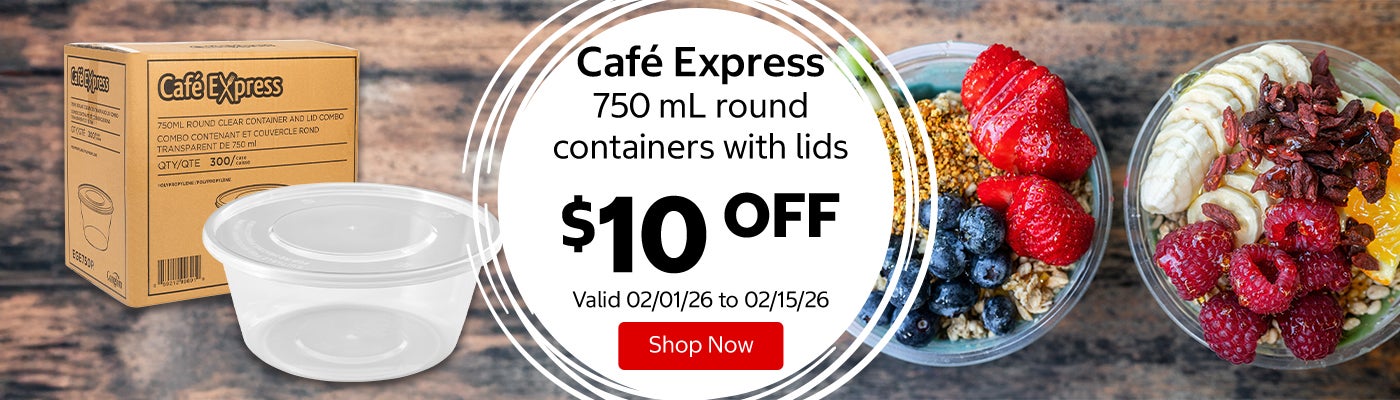 Café Express 750 mL round containers with lids $10 Off. Valid 02/01/26 to 02/15/26. Shop Now 