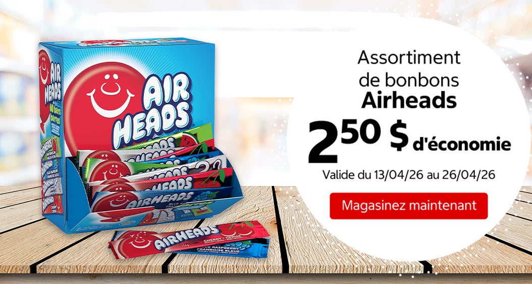 Assortiment de bonbons Airheads 2,50 $ d'économie. Valide du 13/04/26 au 26/04/26. Magasinez maintenant.