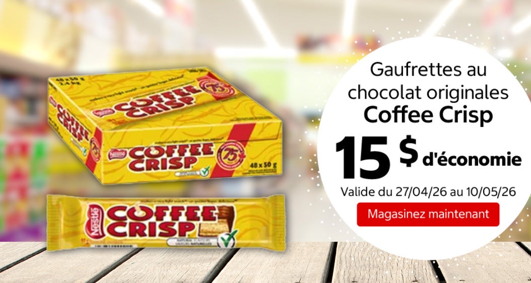 Gaufrettes au chocolat originales Coffee Crisp 15 $ d'économie. Valide du 27/04/26 au 10/05/26. Magasinez maintenant.